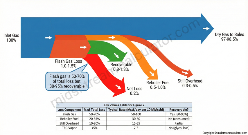 Gas loss distribution showing flash gas, reboiler fuel, still overhead, and TEG vapor percentages